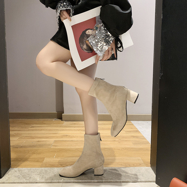 Cizme de dama elegante cu fermoar si toc patrat jos din piele intoarsa ecologica