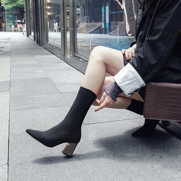 Cizme de dama elegante tip soseta textila cu toc 7 cm