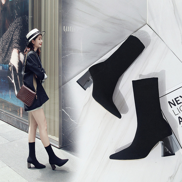 Cizme de dama elegante tip soseta textila cu toc 7 cm