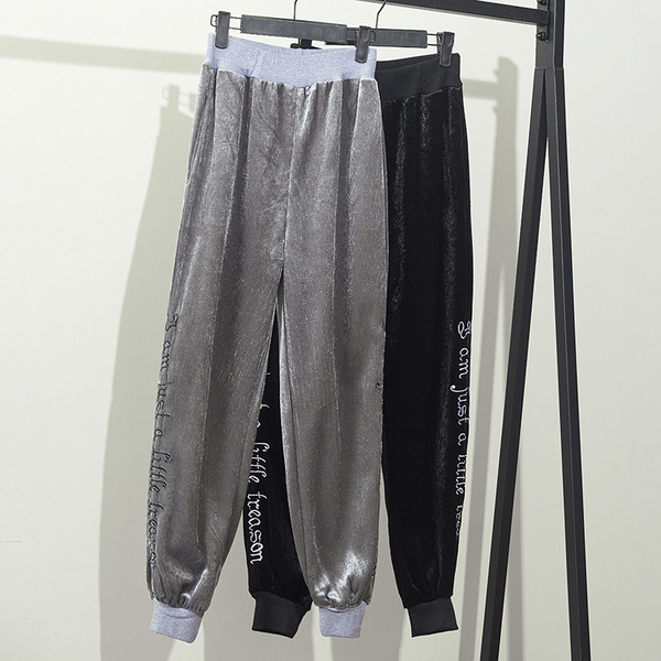 Дамски ежедневен панталон с еластична талия в черен и сив цвят 