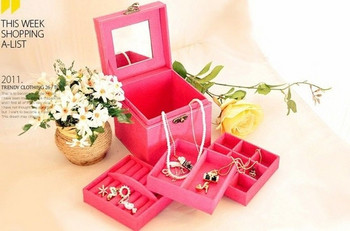 Луксозна кутия със закопчалка, дръжка, огледало и три етажа за бижута в червен и розов цвят