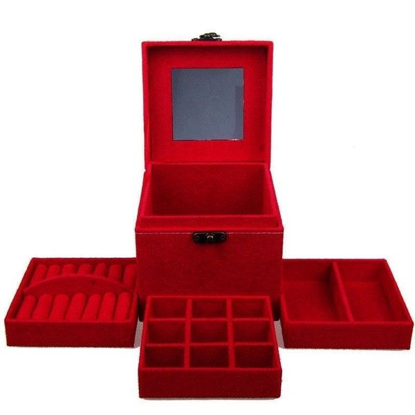 Luxury box with clasp, handle, mirror and three floors for jewelry in red and pink