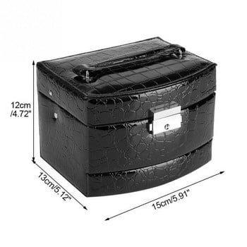 Кожена кутия тип куфар с огледало и три етажа подходяща за съхранение на бижута в черен цвят