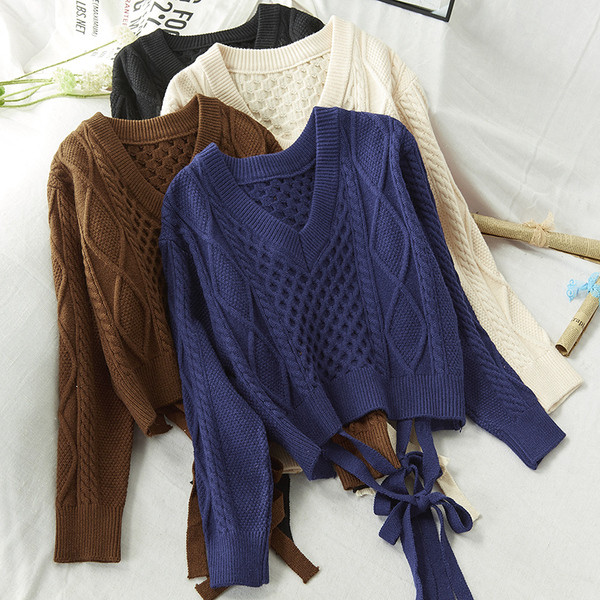 Pulover de iarnă de damă cu decolteu spitz și cravată pe spate - mai multe culori