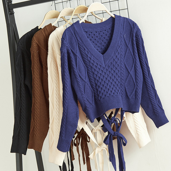 Pulover de iarnă de damă cu decolteu spitz și cravată pe spate - mai multe culori