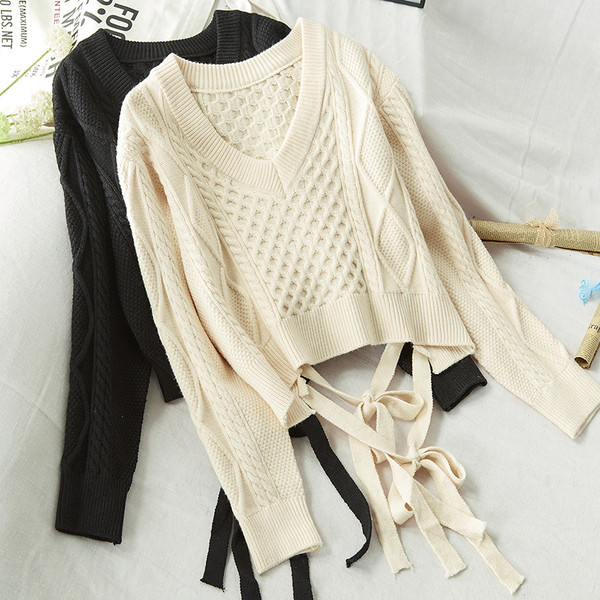 Pulover de iarnă de damă cu decolteu spitz și cravată pe spate - mai multe culori