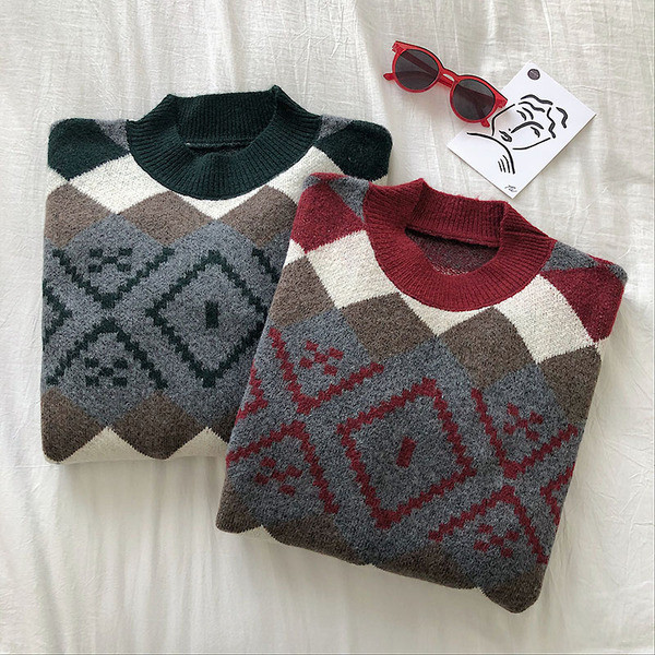 Pulover dama casual model larg in verde si rosu