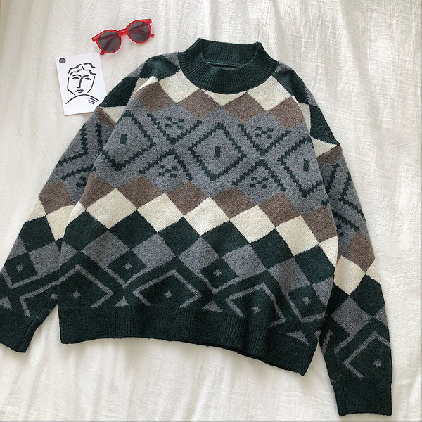 Pulover dama casual model larg in verde si rosu