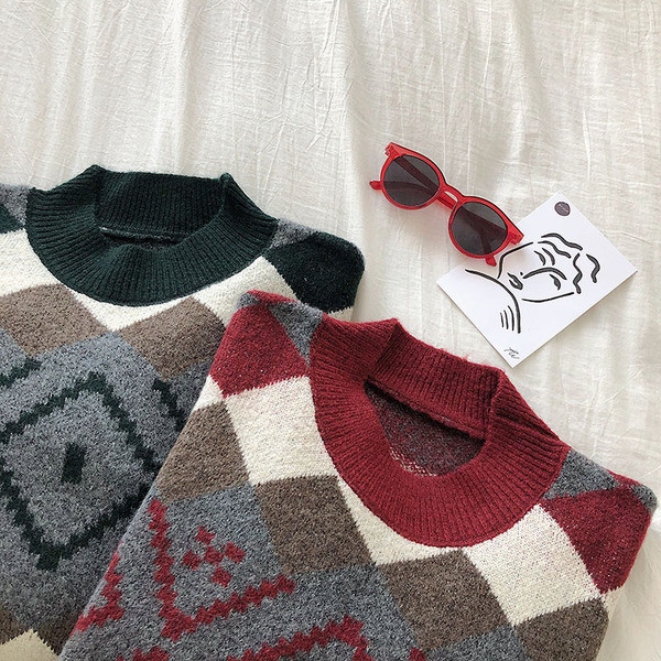 Pulover dama casual model larg in verde si rosu