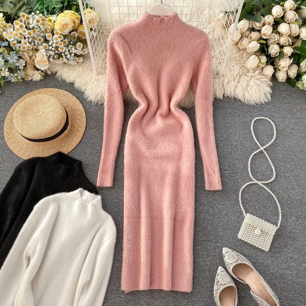 Rochie modernă de iarnă de damă, cu guler jos și mâneci lungi, în roz, alb și negru