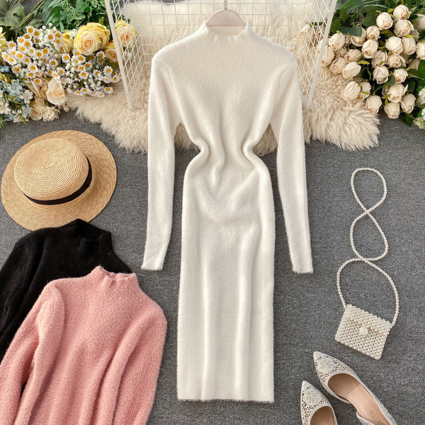 Rochie modernă de iarnă de damă, cu guler jos și mâneci lungi, în roz, alb și negru