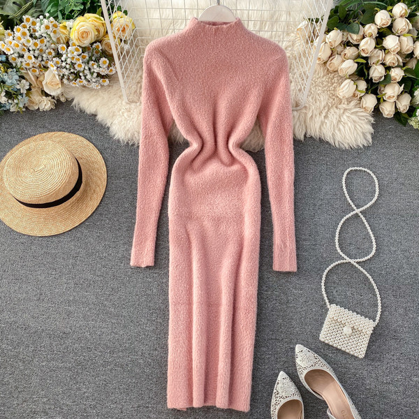 Rochie modernă de iarnă de damă, cu guler jos și mâneci lungi, în roz, alb și negru