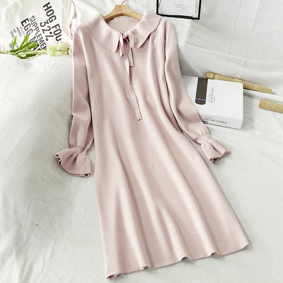 Rochie de dama toamna-iarna model lung cu cravata la guler