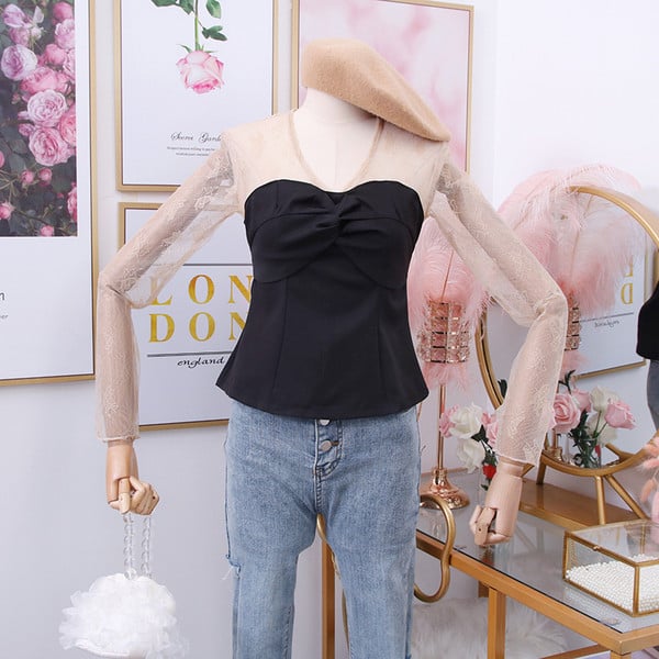 Bluză de damă modernă cu decolteu spitz și mâneci din tul în două culori