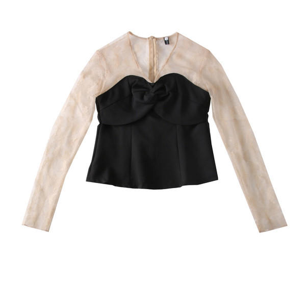 Bluză de damă modernă cu decolteu spitz și mâneci din tul în două culori