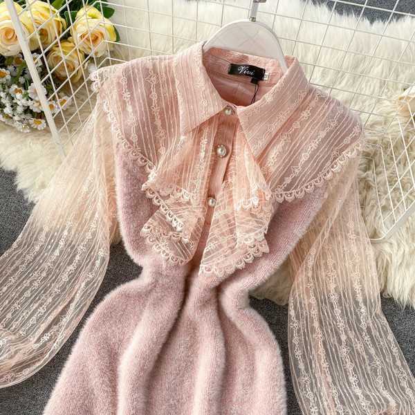 Rochie de dama eleganta cu dantela si guler broasca in alb, roz si negru