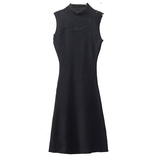 Rochie moderna de dama cu guler jos in galben, rosu si negru