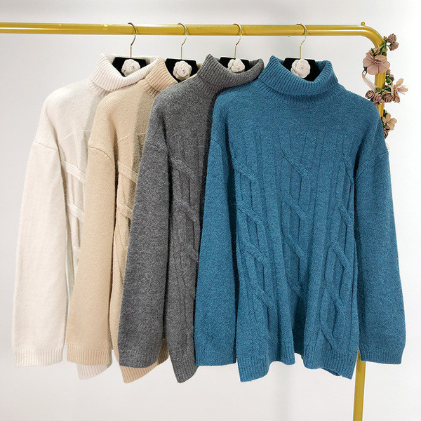 Pulover de iarnă de damă cu guler polo în albastru, gri, bej și alb