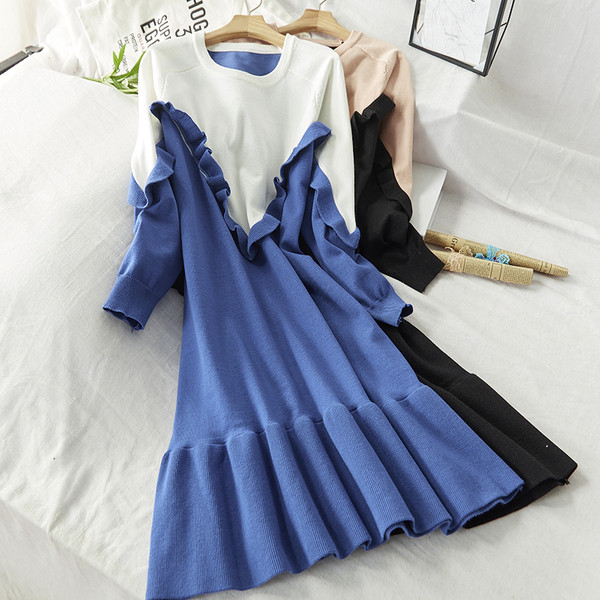 Rochie de dama de toamna-iarna cu maneci lungi in Albastru, Verde, Roz si Negru