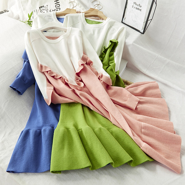 Rochie de dama de toamna-iarna cu maneci lungi in Albastru, Verde, Roz si Negru