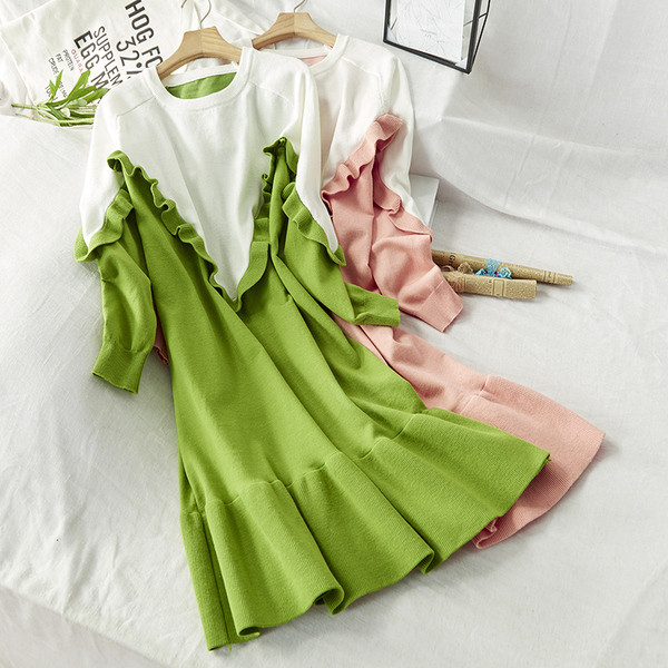 Rochie de dama de toamna-iarna cu maneci lungi in Albastru, Verde, Roz si Negru