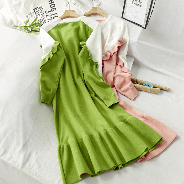 Rochie de dama de toamna-iarna cu maneci lungi in Albastru, Verde, Roz si Negru