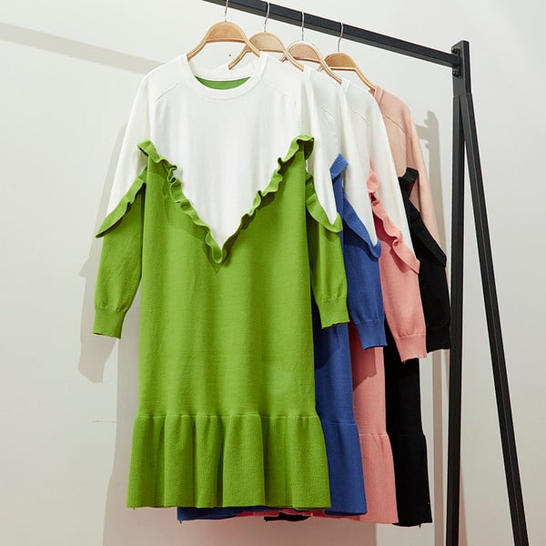 Rochie de dama de toamna-iarna cu maneci lungi in Albastru, Verde, Roz si Negru