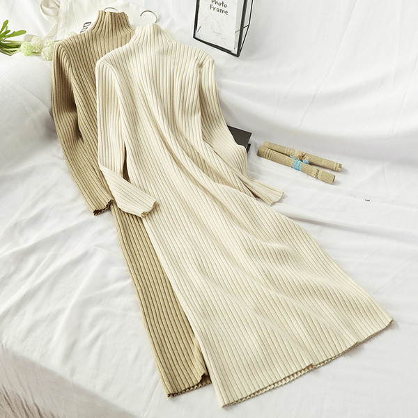 Rochie de dama de iarna cu guler polo inalt in Bej, Alb, Bordeaux si Gri