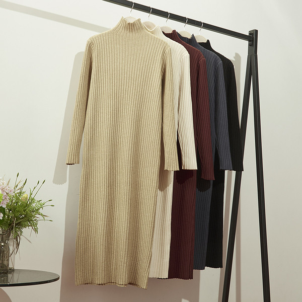 Rochie de dama de iarna cu guler polo inalt in Bej, Alb, Bordeaux si Gri