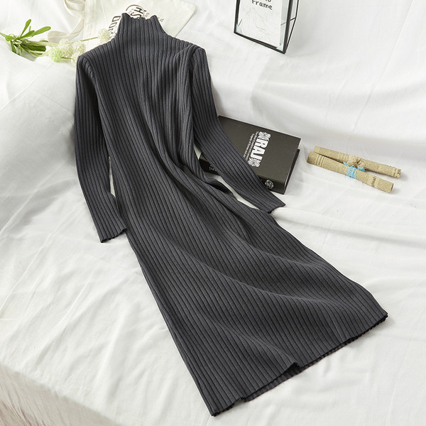 Rochie de dama de iarna cu guler polo inalt in Bej, Alb, Bordeaux si Gri