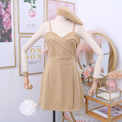 Set de dama model nou din doua parti rochie cu bretele + pulover in Alb, Bej, Maro si Negru
