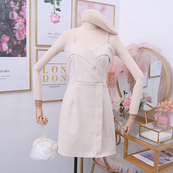 Set de dama model nou din doua parti rochie cu bretele + pulover in Alb, Bej, Maro si Negru