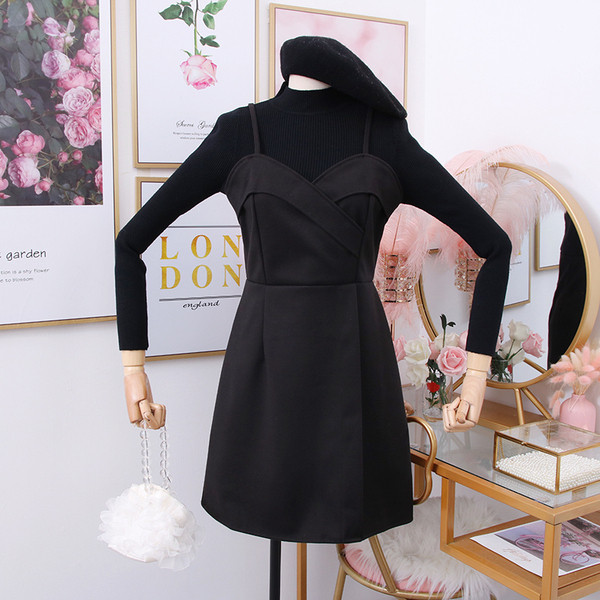 Set de dama model nou din doua parti rochie cu bretele + pulover in Alb, Bej, Maro si Negru