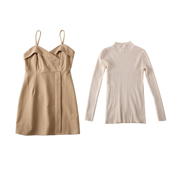 Set de dama model nou din doua parti rochie cu bretele + pulover in Alb, Bej, Maro si Negru
