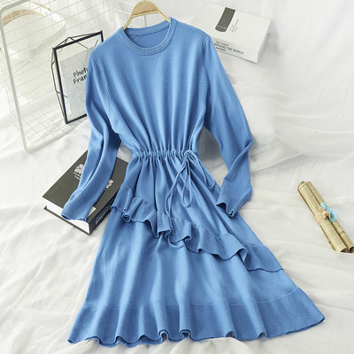 Rochie de dama cu cravata in talie si decolteu rotund in mai multe culori