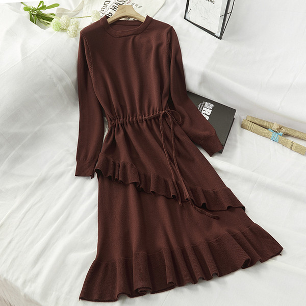 Rochie de dama cu cravata in talie si decolteu rotund in mai multe culori