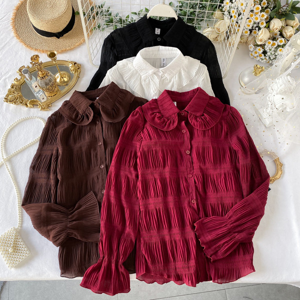 Cămașă plisată de damă cu guler clasic în trei culori