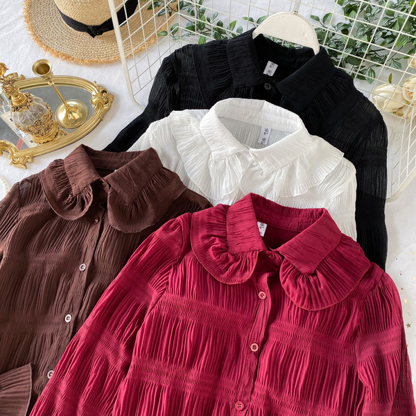 Cămașă plisată de damă cu guler clasic în trei culori