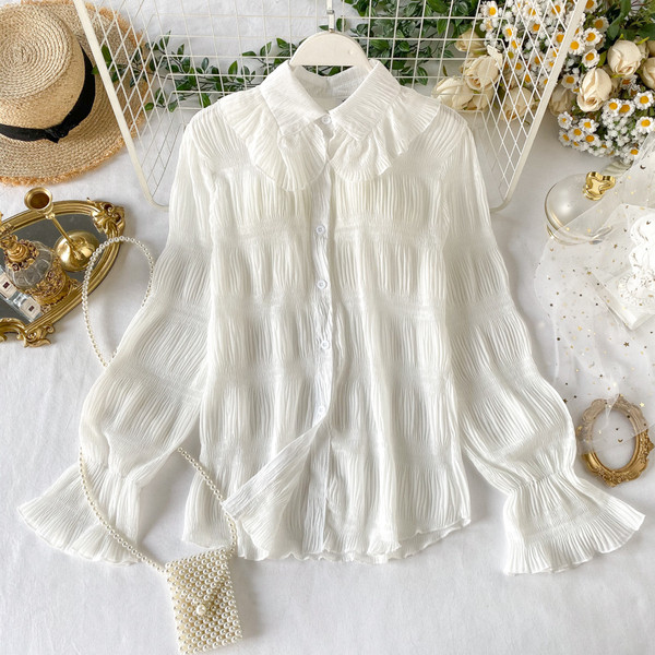 Cămașă plisată de damă cu guler clasic în trei culori