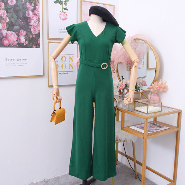 Дамски гащеризон с шпиц деколте и колан в няколко цвята