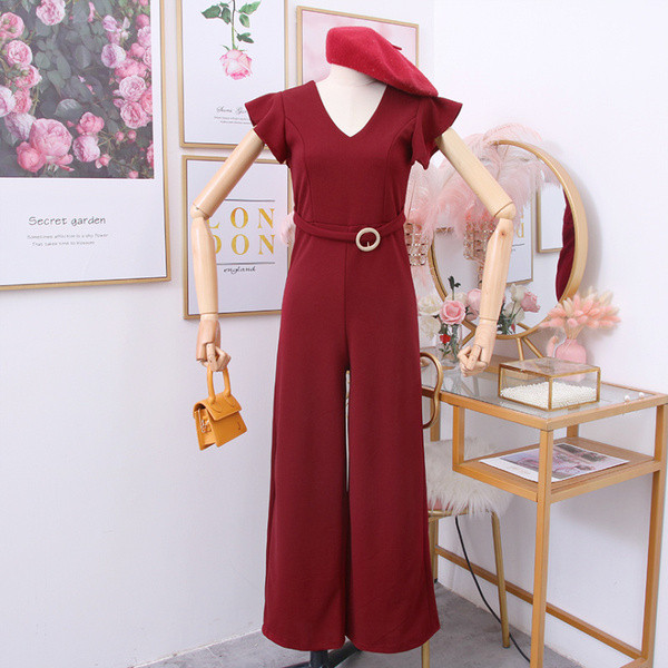 Дамски гащеризон с шпиц деколте и колан в няколко цвята