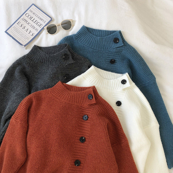 Pulover de damă casual cu guler semi-înalt și nasturi în patru culori