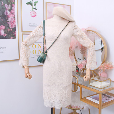 Rochie de dama eleganta din dantela model nou cu decolteu rotund in alb si negru