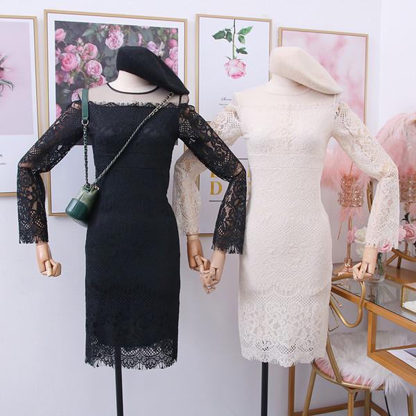 Rochie de dama eleganta din dantela model nou cu decolteu rotund in alb si negru