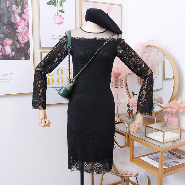 Rochie de dama eleganta din dantela model nou cu decolteu rotund in alb si negru