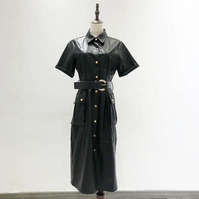 Rochie modernă lungă din piele artificială, cu nasturi și curea