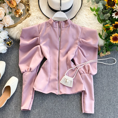 Bluză de damă modernă cu fermoar și mâneci bufante în mai multe culori