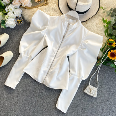 Bluză de damă modernă cu fermoar și mâneci bufante în mai multe culori