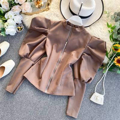 Bluză de damă modernă cu fermoar și mâneci bufante în mai multe culori