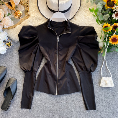 Bluză de damă modernă cu fermoar și mâneci bufante în mai multe culori